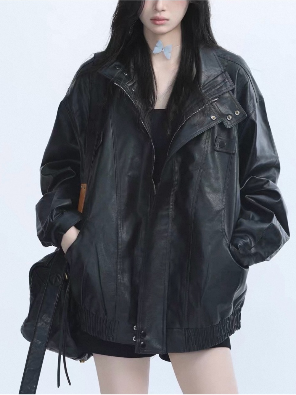 Oversized Black Faux Leather Bomber Jacket - Women's Classic Style